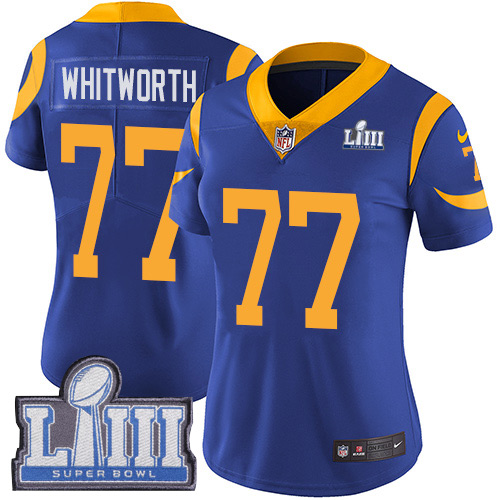 Nike Rams #77 Andrew Whitworth Royal Blue Alternate Super Bowl LIII Bound Women's Stitched NFL Vapor Untouchable Limited Jersey Nike Rams #77 Andrew Whitworth Royal Blue Alternate Super Bowl LIII Bound Women's Stitched NFL Vapor Untouchable Limited Jersey