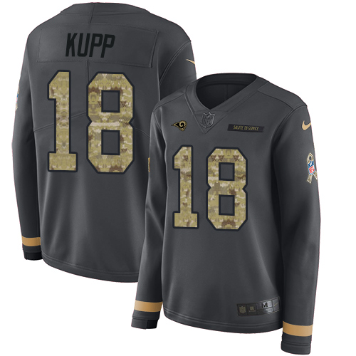 Nike Rams #18 Cooper Kupp Anthracite Salute to Service Women's Stitched NFL Limited Therma Long Sleeve Jersey Nike Rams #18 Cooper Kupp Anthracite Salute to Service Women's Stitched NFL Limited Therma Long Sleeve Jersey