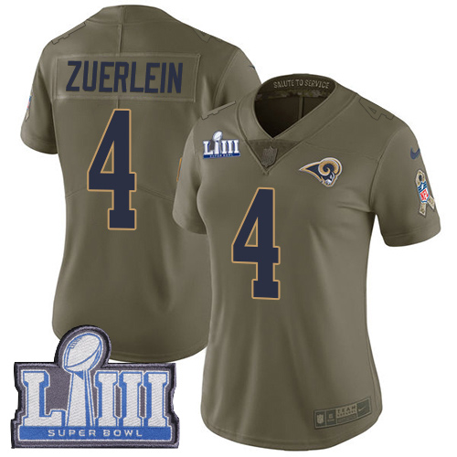 Nike Rams #4 Greg Zuerlein Olive Super Bowl LIII Bound Women's Stitched NFL Limited 2017 Salute to Service Jersey Nike Rams #4 Greg Zuerlein Olive Super Bowl LIII Bound Women's Stitched NFL Limited 2017 Salute to Service Jersey
