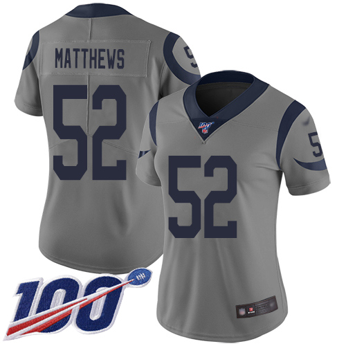 Nike Rams #52 Clay Matthews Gray Women's Stitched NFL Limited Inverted Legend 100th Season Jersey Nike Rams #52 Clay Matthews Gray Women's Stitched NFL Limited Inverted Legend 100th Season Jersey