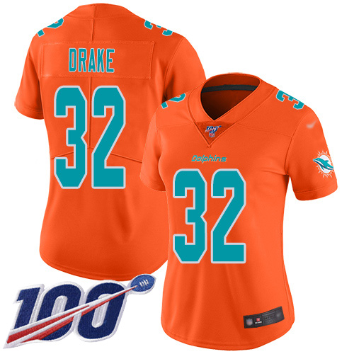 Nike Dolphins #32 Kenyan Drake Orange Women's Stitched NFL Limited Inverted Legend 100th Season Jersey Nike Dolphins #32 Kenyan Drake Orange Women's Stitched NFL Limited Inverted Legend 100th Season Jersey