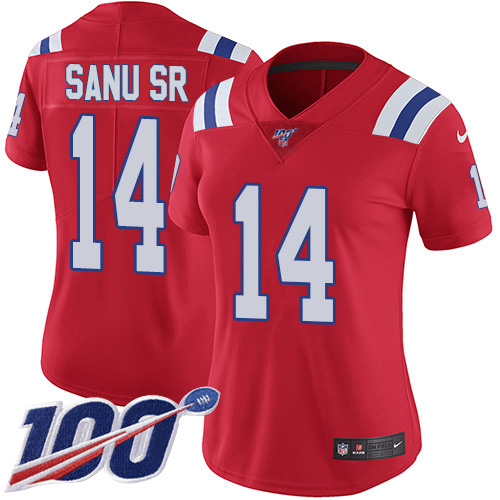 Nike Patriots #14 Mohamed Sanu Sr Red Alternate Women's Stitched NFL 100th Season Vapor Limited Jersey Nike Patriots #14 Mohamed Sanu Sr Red Alternate Women's Stitched NFL 100th Season Vapor Limited Jersey