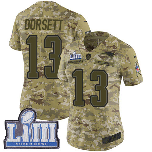 Nike Patriots #13 Phillip Dorsett Camo Super Bowl LIII Bound Women's Stitched NFL Limited 2018 Salute to Service Jersey Nike Patriots #13 Phillip Dorsett Camo Super Bowl LIII Bound Women's Stitched NFL Limited 2018 Salute to Service Jersey