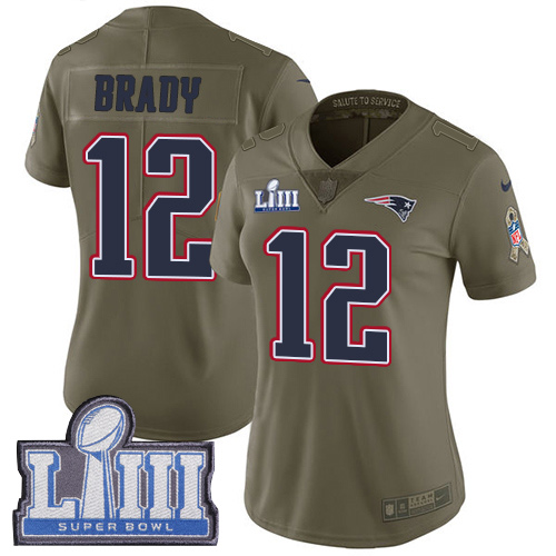 Nike Patriots #12 Tom Brady Olive Super Bowl LIII Bound Women's Stitched NFL Limited 2017 Salute to Service Jersey Nike Patriots #12 Tom Brady Olive Super Bowl LIII Bound Women's Stitched NFL Limited 2017 Salute to Service Jersey