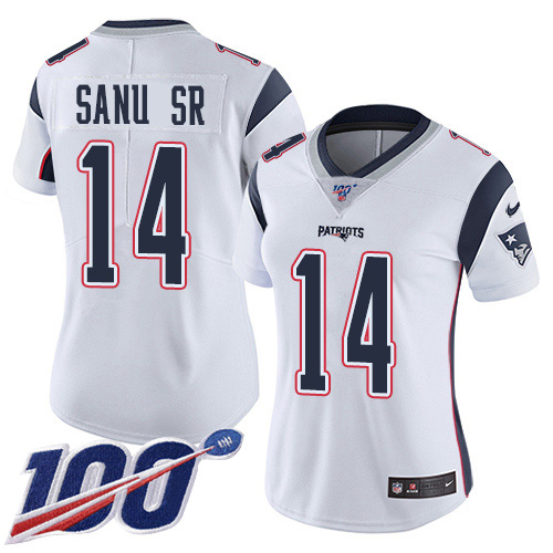 Nike Patriots #14 Mohamed Sanu Sr White Women's Stitched NFL 100th Season Vapor Limited Jersey Nike Patriots #14 Mohamed Sanu Sr White Women's Stitched NFL 100th Season Vapor Limited Jersey