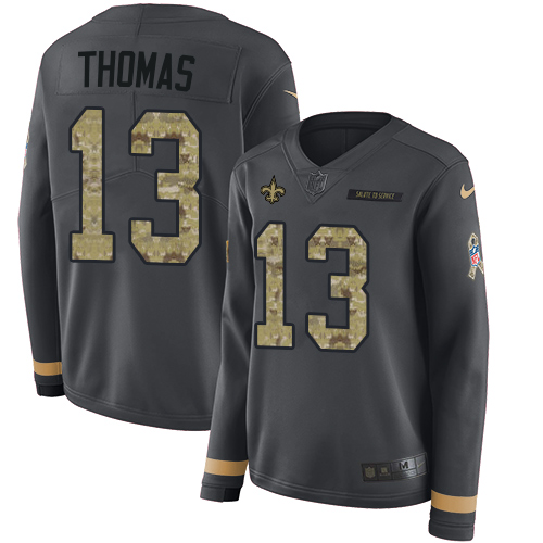 Nike Saints #13 Michael Thomas Anthracite Salute to Service Women's Stitched NFL Limited Therma Long Sleeve Jersey Nike Saints #13 Michael Thomas Anthracite Salute to Service Women's Stitched NFL Limited Therma Long Sleeve Jersey