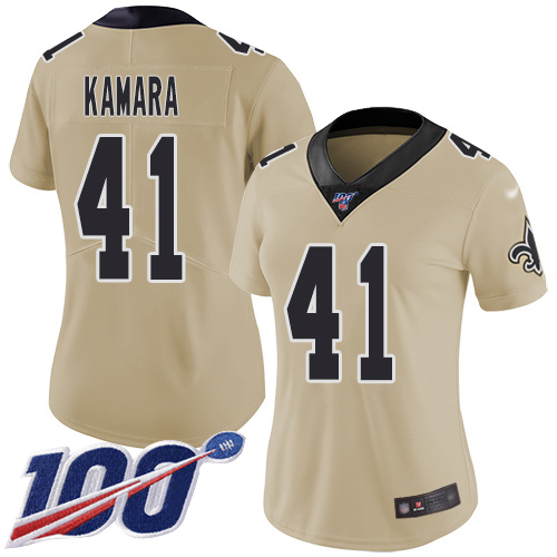 Nike Saints #41 Alvin Kamara Gold Women's Stitched NFL Limited Inverted Legend 100th Season Jersey Nike Saints #41 Alvin Kamara Gold Women's Stitched NFL Limited Inverted Legend 100th Season Jersey