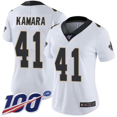Nike Saints #41 Alvin Kamara White Women's Stitched NFL 100th Season Vapor Limited Jersey Nike Saints #41 Alvin Kamara White Women's Stitched NFL 100th Season Vapor Limited Jersey