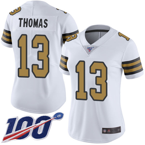 Nike Saints #13 Michael Thomas White Women's Stitched NFL Limited Rush 100th Season Jersey Nike Saints #13 Michael Thomas White Women's Stitched NFL Limited Rush 100th Season Jersey