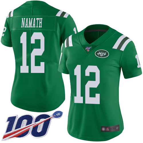 Nike Jets #12 Joe Namath Green Women's Stitched NFL Limited Rush 100th Season Jersey Nike Jets #12 Joe Namath Green Women's Stitched NFL Limited Rush 100th Season Jersey