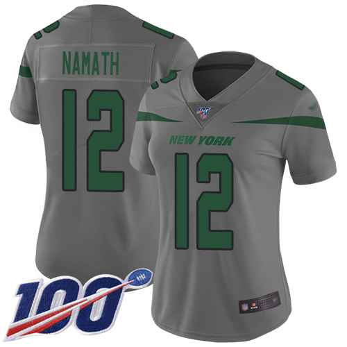 Nike Jets #12 Joe Namath Gray Women's Stitched NFL Limited Inverted Legend 100th Season Jersey Nike Jets #12 Joe Namath Gray Women's Stitched NFL Limited Inverted Legend 100th Season Jersey