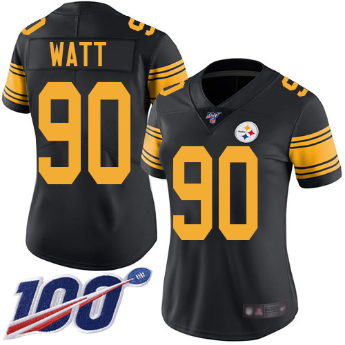 Nike Steelers #90 T. J. Watt Black Women's Stitched NFL Limited Rush 100th Season Jersey Nike Steelers #90 T. J. Watt Black Women's Stitched NFL Limited Rush 100th Season Jersey