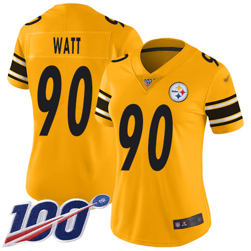 Nike Steelers #90 T. J. Watt Gold Women's Stitched NFL Limited Inverted Legend 100th Season Jersey Nike Steelers #90 T. J. Watt Gold Women's Stitched NFL Limited Inverted Legend 100th Season Jersey
