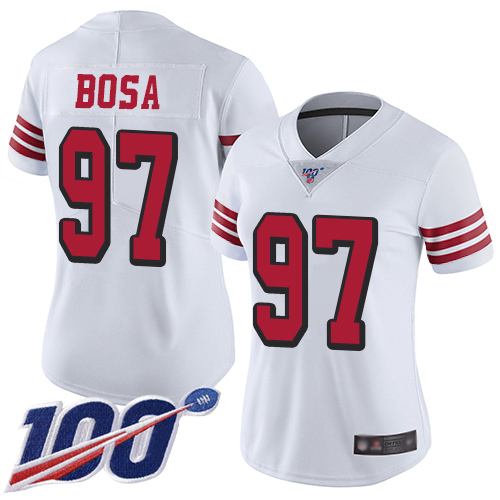 Nike 49ers #97 Nick Bosa White Rush Women's Stitched NFL Limited 100th Season Jersey Nike 49ers #97 Nick Bosa White Rush Women's Stitched NFL Limited 100th Season Jersey