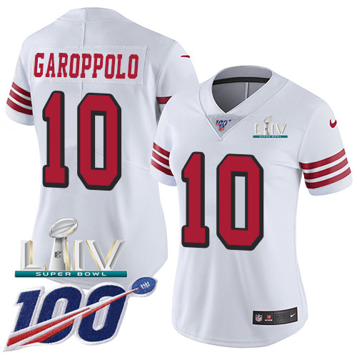Nike 49ers #10 Jimmy Garoppolo White Super Bowl LIV 2020 Rush Women's Stitched NFL Limited 100th Season Jersey Nike 49ers #10 Jimmy Garoppolo White Super Bowl LIV 2020 Rush Women's Stitched NFL Limited 100th Season Jersey