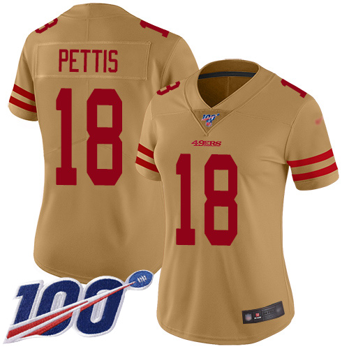 Nike 49ers #18 Dante Pettis Gold Women's Stitched NFL Limited Inverted Legend 100th Season Jersey Nike 49ers #18 Dante Pettis Gold Women's Stitched NFL Limited Inverted Legend 100th Season Jersey