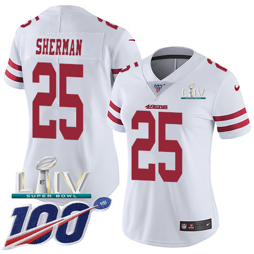 Nike 49ers #25 Richard Sherman White Super Bowl LIV 2020 Women's Stitched NFL 100th Season Vapor Limited Jersey Nike 49ers #25 Richard Sherman White Super Bowl LIV 2020 Women's Stitched NFL 100th Season Vapor Limited Jersey