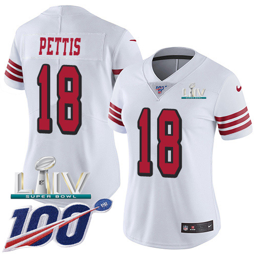 Nike 49ers #18 Dante Pettis White Super Bowl LIV 2020 Rush Women's Stitched NFL Limited 100th Season Jersey Nike 49ers #18 Dante Pettis White Super Bowl LIV 2020 Rush Women's Stitched NFL Limited 100th Season Jersey