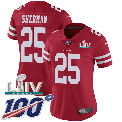 Nike 49ers #25 Richard Sherman Red Super Bowl LIV 2020 Team Color Women's Stitched NFL 100th Season Vapor Limited Jersey Nike 49ers #25 Richard Sherman Red Super Bowl LIV 2020 Team Color Women's Stitched NFL 100th Season Vapor Limited Jersey
