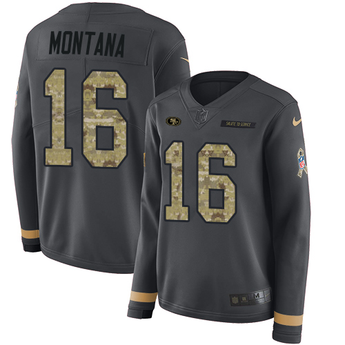 Nike 49ers #16 Joe Montana Anthracite Salute to Service Women's Stitched NFL Limited Therma Long Sleeve Jersey Nike 49ers #16 Joe Montana Anthracite Salute to Service Women's Stitched NFL Limited Therma Long Sleeve Jersey