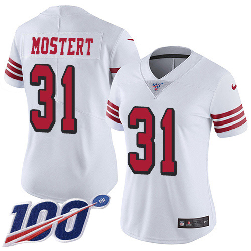 Nike 49ers #31 Raheem Mostert White Women's Stitched NFL Limited Rush 100th Season Jersey Nike 49ers #31 Raheem Mostert White Women's Stitched NFL Limited Rush 100th Season Jersey