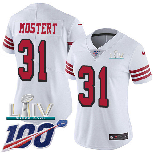 Nike 49ers #31 Raheem Mostert White Super Bowl LIV 2020 Women's Stitched NFL Limited Rush 100th Season Jersey Nike 49ers #31 Raheem Mostert White Super Bowl LIV 2020 Women's Stitched NFL Limited Rush 100th Season Jersey