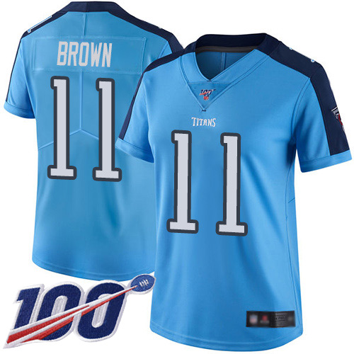 Nike Titans #11 A.J. Brown Light Blue Women's Stitched NFL Limited Rush 100th Season Jersey Nike Titans #11 A.J. Brown Light Blue Women's Stitched NFL Limited Rush 100th Season Jersey