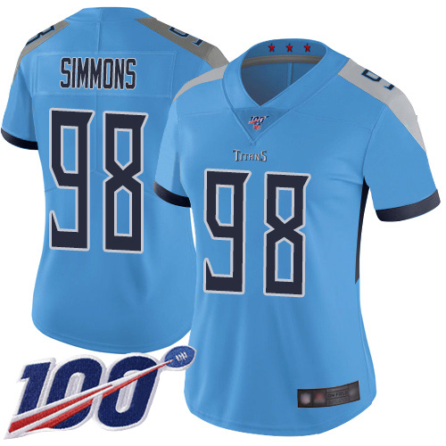 Nike Titans #98 Jeffery Simmons Light Blue Alternate Women's Stitched NFL 100th Season Vapor Limited Jersey Nike Titans #98 Jeffery Simmons Light Blue Alternate Women's Stitched NFL 100th Season Vapor Limited Jersey