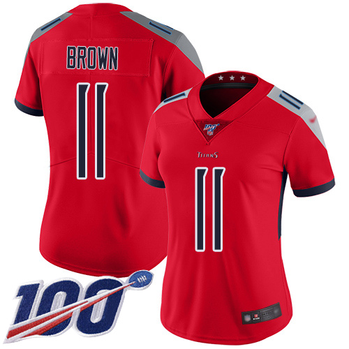 Nike Titans #11 A.J. Brown Red Women's Stitched NFL Limited Inverted Legend 100th Season Jersey Nike Titans #11 A.J. Brown Red Women's Stitched NFL Limited Inverted Legend 100th Season Jersey
