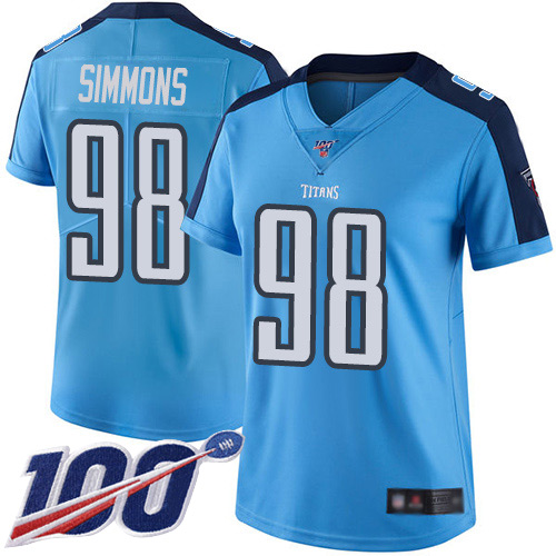 Nike Titans #98 Jeffery Simmons Light Blue Women's Stitched NFL Limited Rush 100th Season Jersey Nike Titans #98 Jeffery Simmons Light Blue Women's Stitched NFL Limited Rush 100th Season Jersey