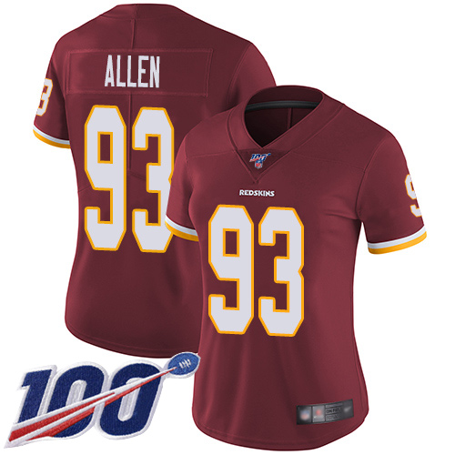 Nike Redskins #93 Jonathan Allen Burgundy Red Team Color Women's Stitched NFL 100th Season Vapor Limited Jersey