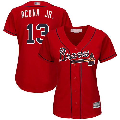 Braves #13 Ronald Acuna Jr. Red Alternate Women's Stitched MLB Jersey Braves #13 Ronald Acuna Jr. Red Alternate Women's Stitched MLB Jersey