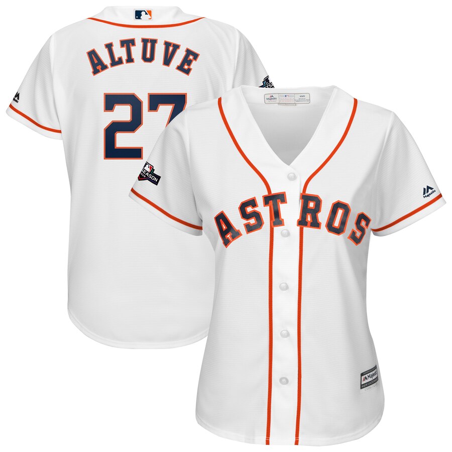 Houston Astros #27 Jose Altuve Majestic Women's 2019 Postseason Official Cool Base Player Jersey White Houston Astros #27 Jose Altuve Majestic Women's 2019 Postseason Official Cool Base Player Jersey White