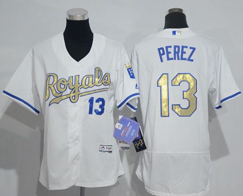 Royals #13 Salvador Perez White Flexbase Authentic 2015 World Series Champions Gold Program Cool Base Women's Stitched MLB Jersey Royals #13 Salvador Perez White Flexbase Authentic 2015 World Series Champions Gold Program Cool Base Women's Stitched MLB Jersey