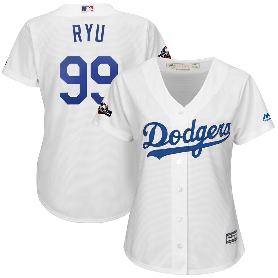Los Angeles Dodgers #99 Hyun-Jin Ryu Majestic Women's 2019 Postseason Home Official Cool Base Player Jersey White Los Angeles Dodgers #99 Hyun-Jin Ryu Majestic Women's 2019 Postseason Home Official Cool Base Player Jersey White