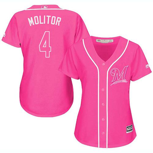 Brewers #4 Paul Molitor Pink Fashion Women's Stitched MLB Jersey Brewers #4 Paul Molitor Pink Fashion Women's Stitched MLB Jersey