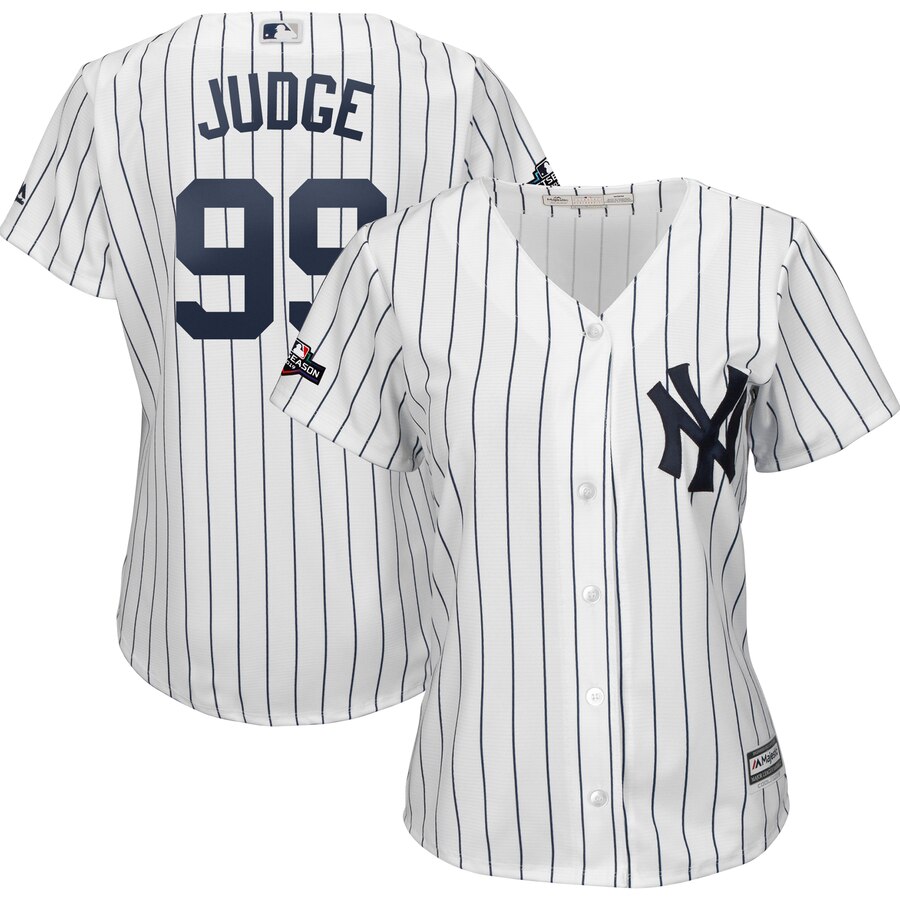 New York Yankees #99 Aaron Judge Majestic Women's 2019 Postseason Official Cool Base Player Jersey White Navy New York Yankees #99 Aaron Judge Majestic Women's 2019 Postseason Official Cool Base Player Jersey White Navy