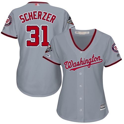 Nationals #31 Max Scherzer Grey Road 2019 World Series Champions Women's Stitched MLB Jersey