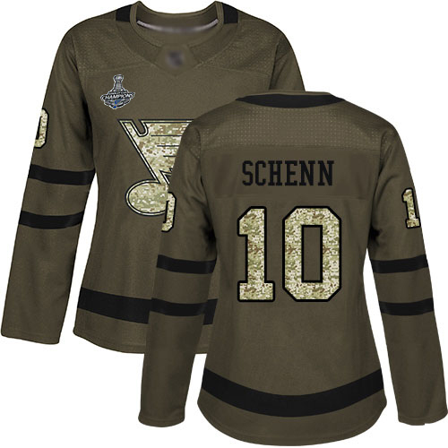 Adidas Blues #10 Brayden Schenn Green Salute to Service Stanley Cup Champions Women's Stitched NHL Jersey Adidas Blues #10 Brayden Schenn Green Salute to Service Stanley Cup Champions Women's Stitched NHL Jersey