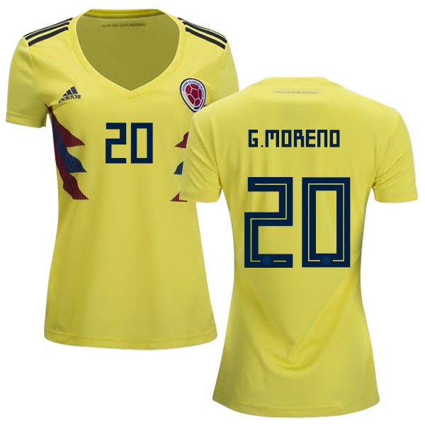 Women's Colombia #20 G.Moreno Home Soccer Country Jersey Women's Colombia #20 G.Moreno Home Soccer Country Jersey
