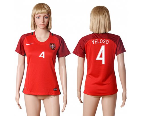 Women's Portugal #4 Veloso Home Soccer Country Jersey Women's Portugal #4 Veloso Home Soccer Country Jersey