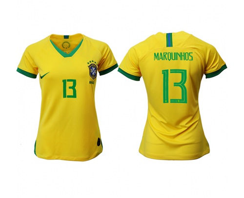 Women's Brazil #13 Marquinhos Home Soccer Country Jersey Women's Brazil #13 Marquinhos Home Soccer Country Jersey