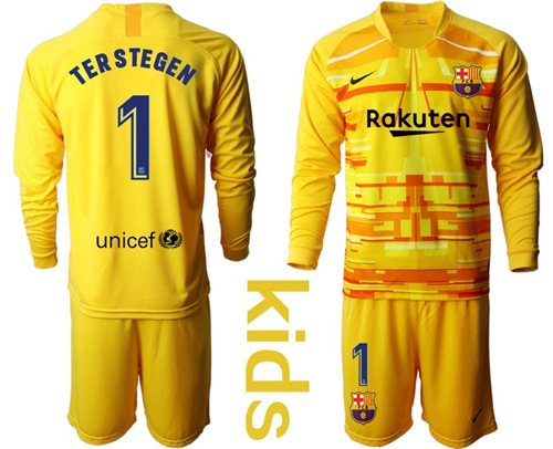 Barcelona #1 Ter Stegen Yellow Goalkeeper Long Sleeves Kid Soccer Club Jersey