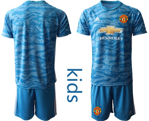 Manchester United Blank Light Blue Goalkeeper Kid Soccer Club Jersey