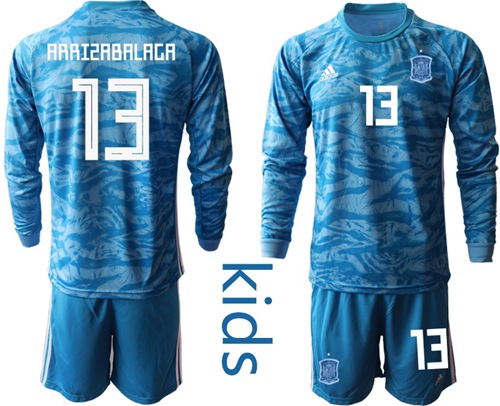 Spain #13 Arrizabalaga Blue Long Sleeves Goalkeeper Kid Soccer Country Jersey