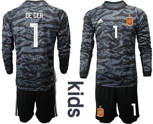 Spain #1 De Gea Black Long Sleeves Goalkeeper Kid Soccer Country Jersey Spain #1 De Gea Black Long Sleeves Goalkeeper Kid Soccer Country Jersey
