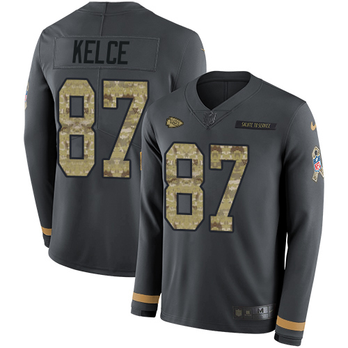 Nike Chiefs #87 Travis Kelce Anthracite Salute to Service Youth Stitched NFL Limited Therma Long Sleeve Jersey Nike Chiefs #87 Travis Kelce Anthracite Salute to Service Youth Stitched NFL Limited Therma Long Sleeve Jersey