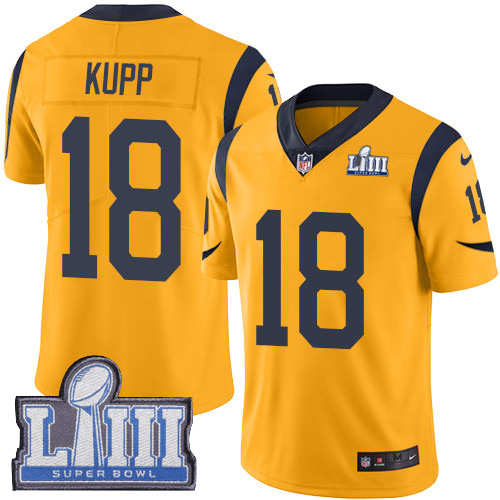 Nike Rams #18 Cooper Kupp Gold Super Bowl LIII Bound Youth Stitched NFL Limited Rush Jersey Nike Rams #18 Cooper Kupp Gold Super Bowl LIII Bound Youth Stitched NFL Limited Rush Jersey