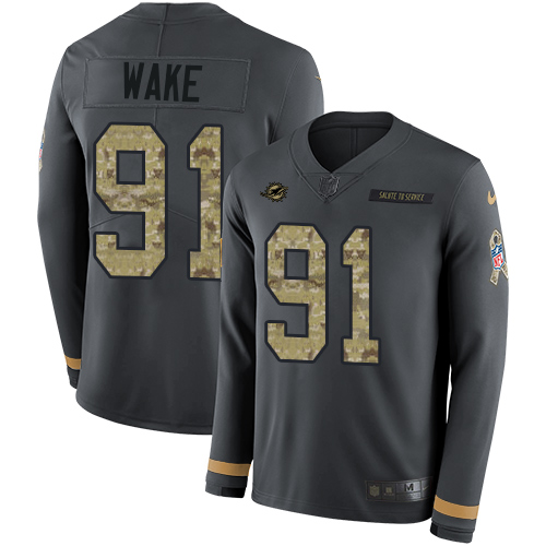 Nike Dolphins #91 Cameron Wake Anthracite Salute to Service Youth Stitched NFL Limited Therma Long Sleeve Jersey Nike Dolphins #91 Cameron Wake Anthracite Salute to Service Youth Stitched NFL Limited Therma Long Sleeve Jersey
