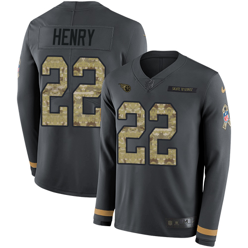 Nike Titans #22 Derrick Henry Anthracite Salute to Service Youth Stitched NFL Limited Therma Long Sleeve Jersey Nike Titans #22 Derrick Henry Anthracite Salute to Service Youth Stitched NFL Limited Therma Long Sleeve Jersey